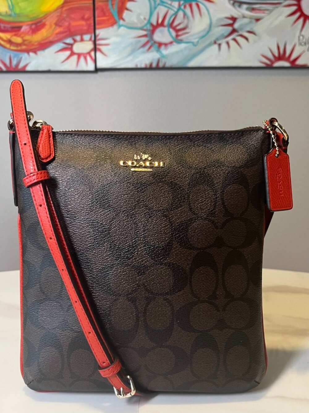 Coach Rowan File Crossbody Bag Signature Canvas Brown Red Trim EUC